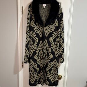 Chicos Stunning Black and Gold Patterned Women's Sweater Coat